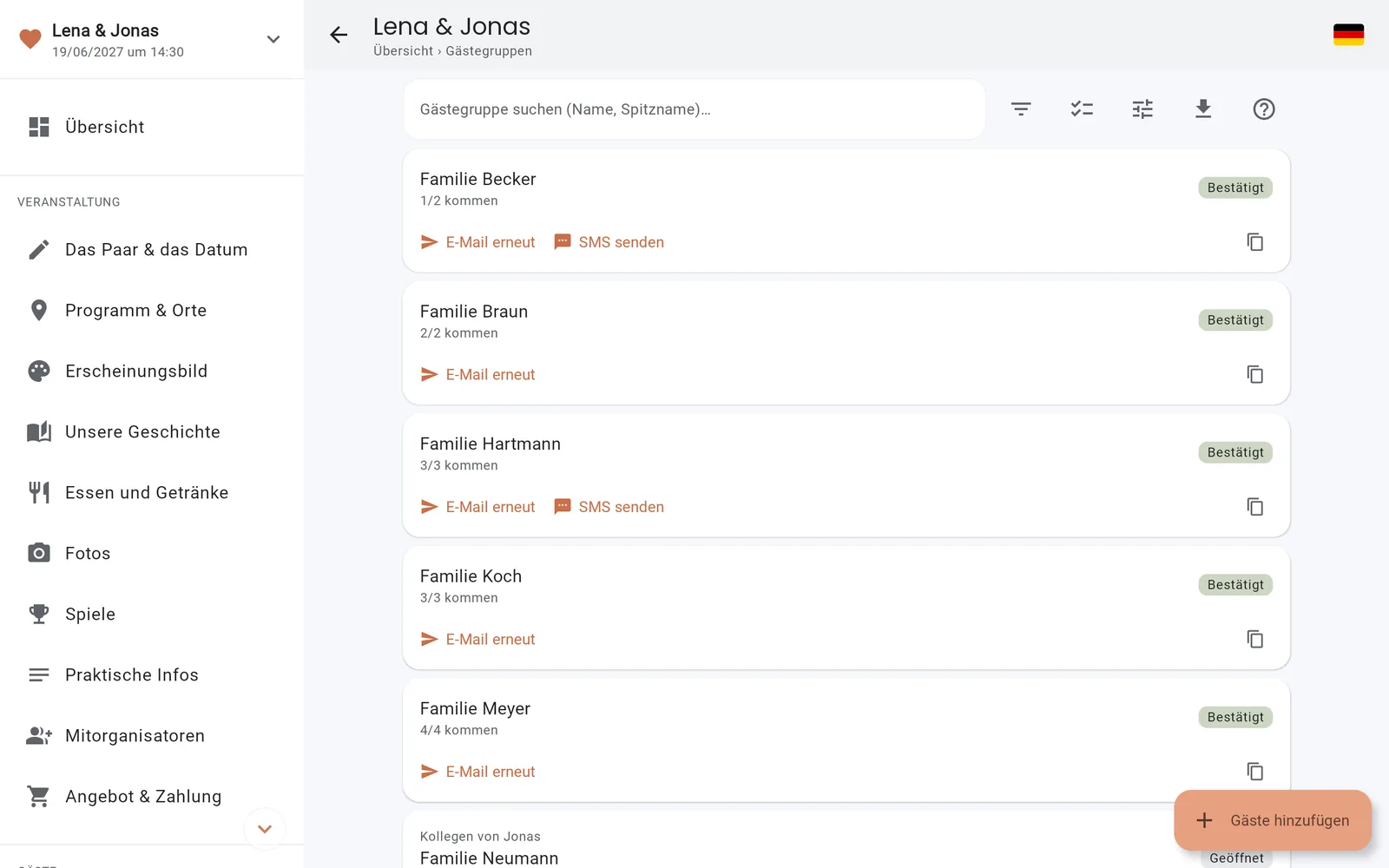 Die Liste der Gästegruppen in der IDoApp-Konsole