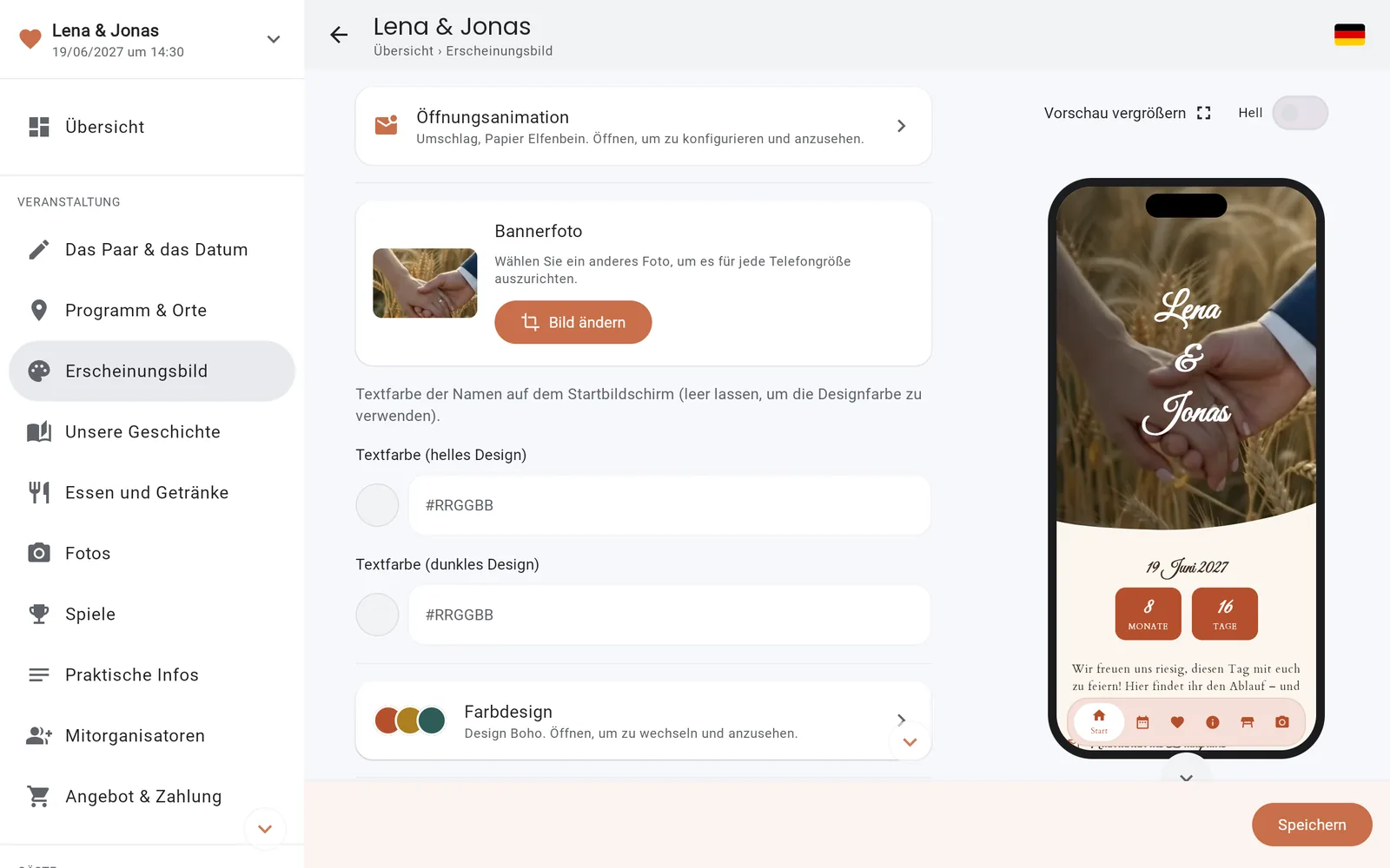 Die Designauswahl mit der App-Vorschau in der Konsole