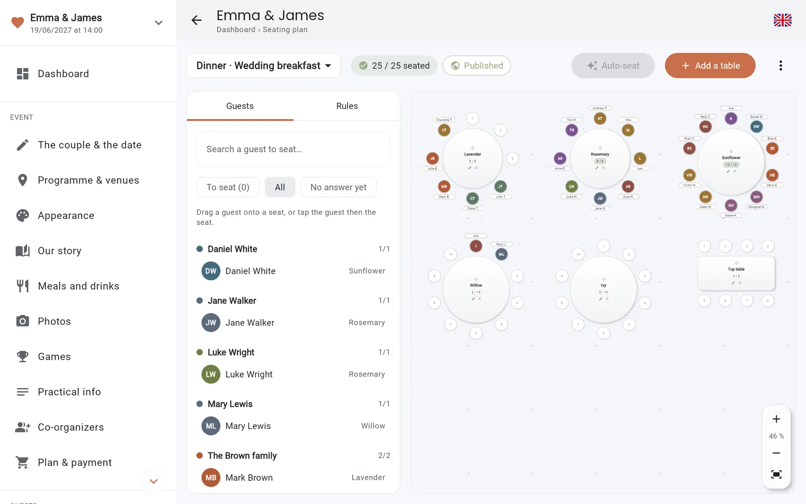 The seating plan in the IDoApp console