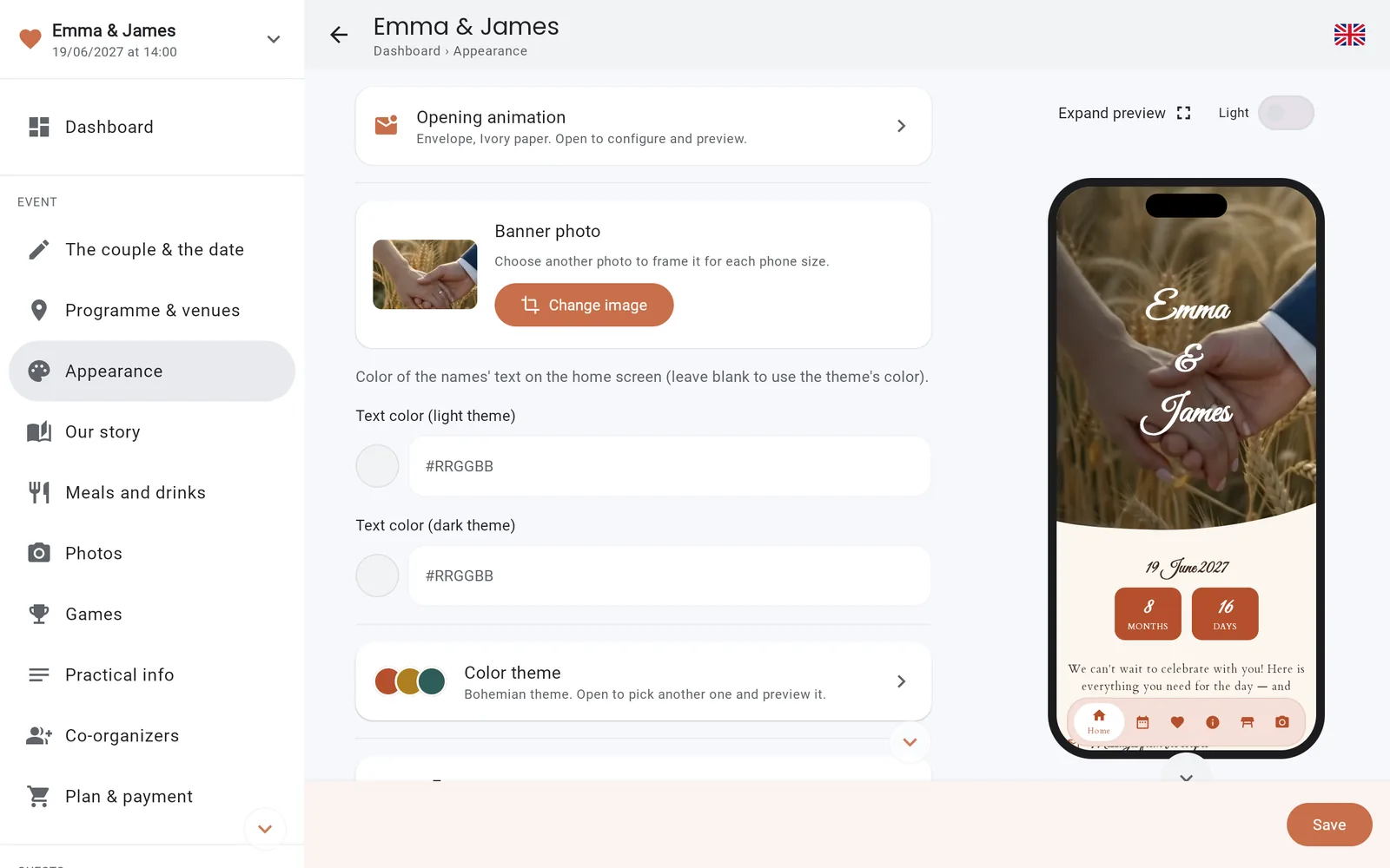 Theme selection with the app preview in the console
