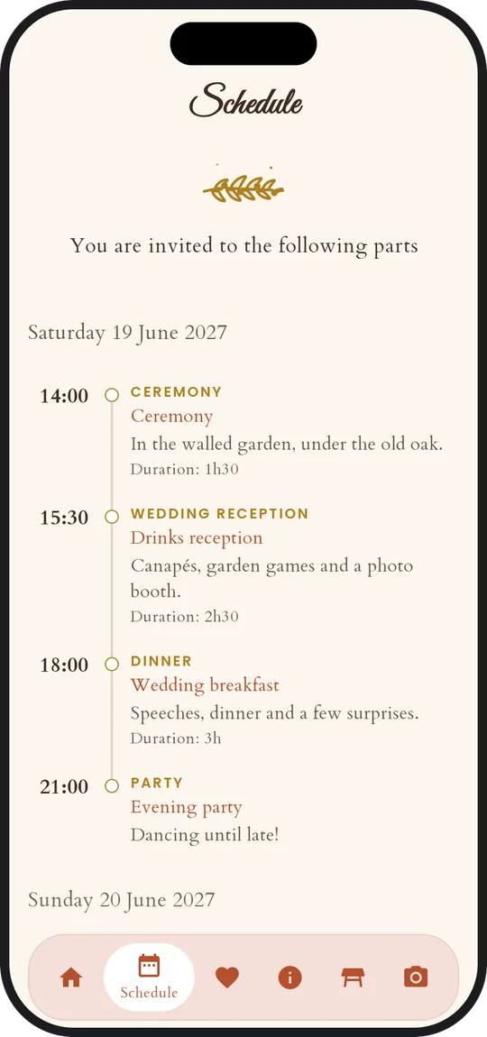 The day's schedule in the app