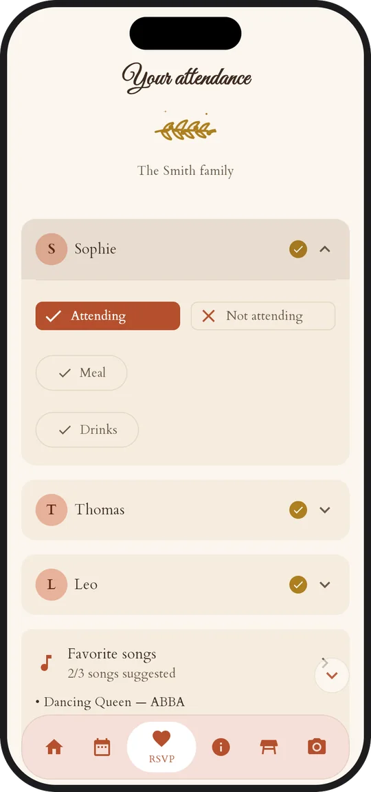 A family's RSVP in the app