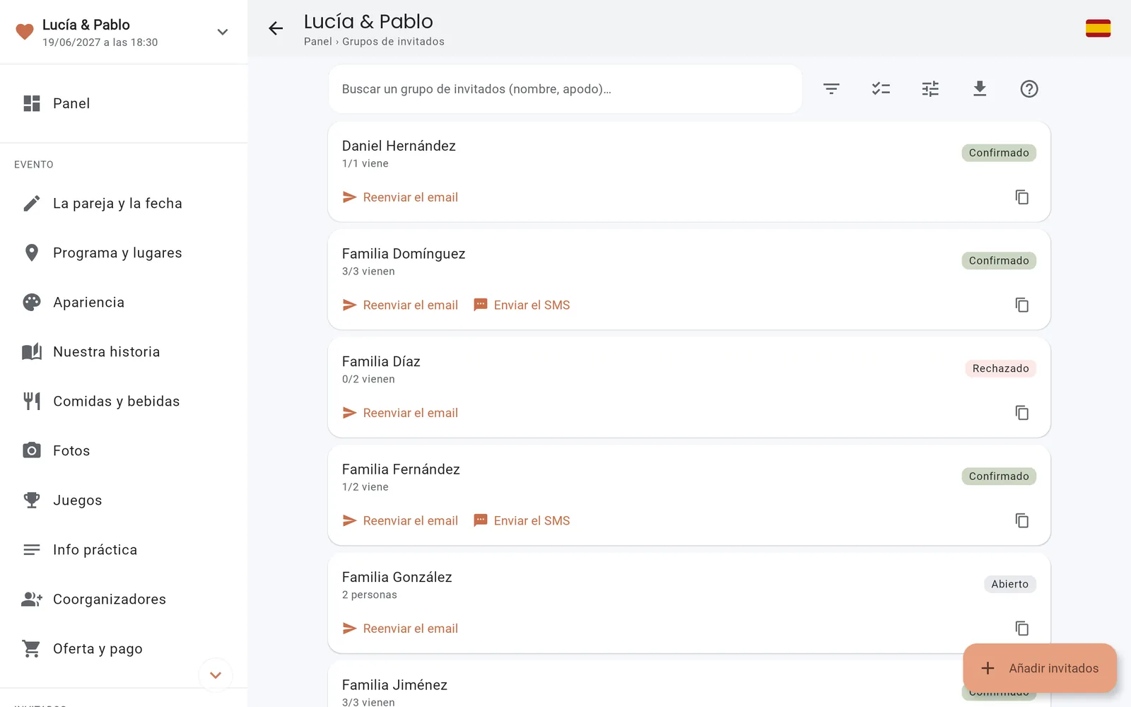 La lista de grupos de invitados en la consola de IDoApp