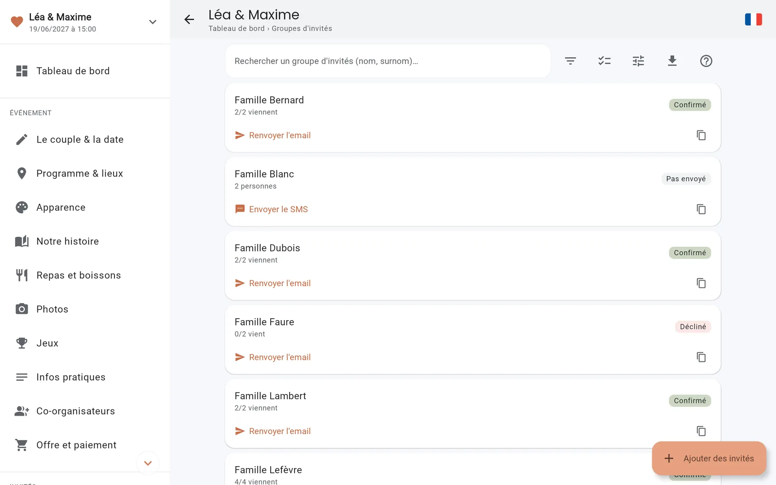 La liste des groupes d'invités dans la console IDoApp