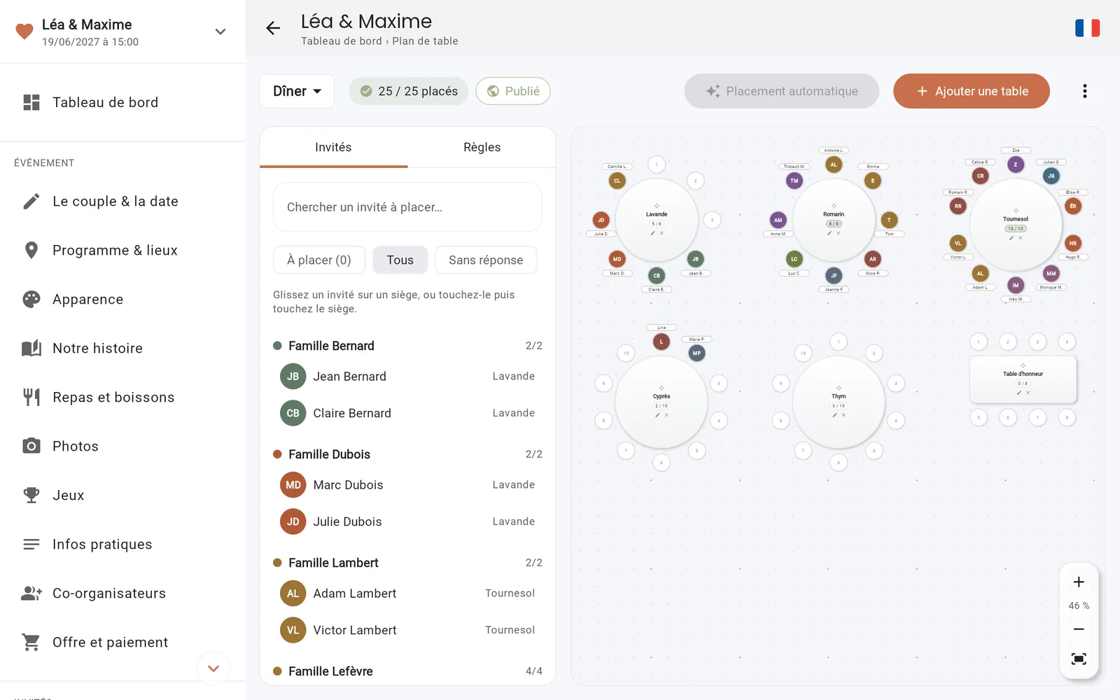 Le plan de table dans la console IDoApp