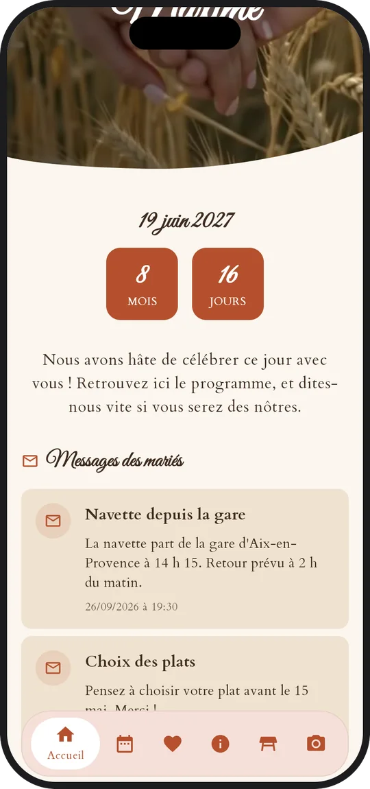 Un message des mariés reçu dans l'app