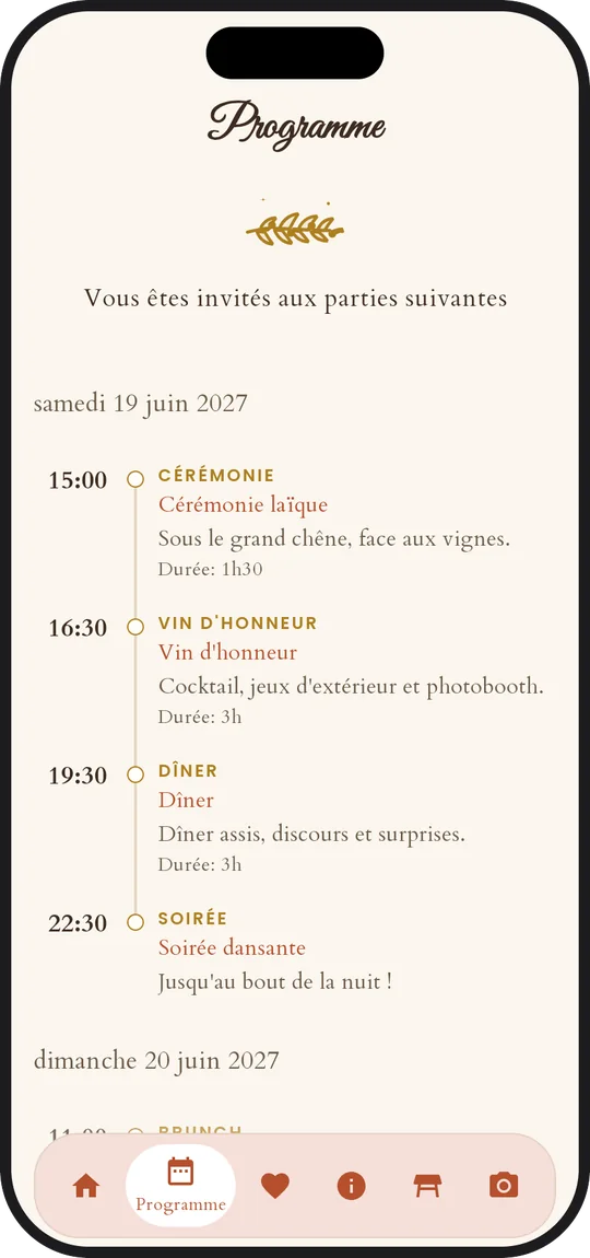 Le programme de la journée dans l'app