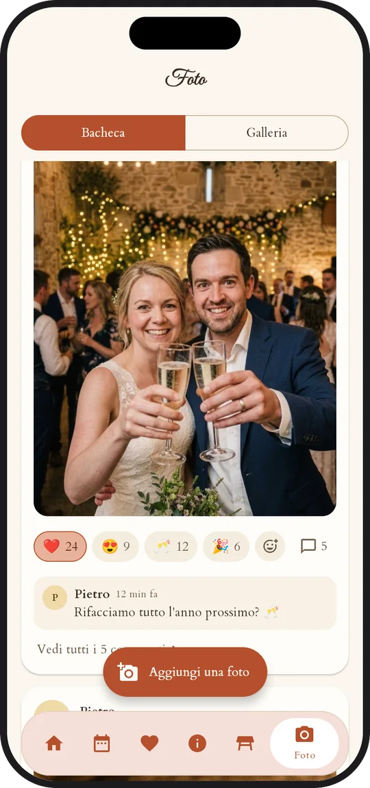 Il feed fotografico dell'app: post, reazioni con emoji e bolle dei momenti