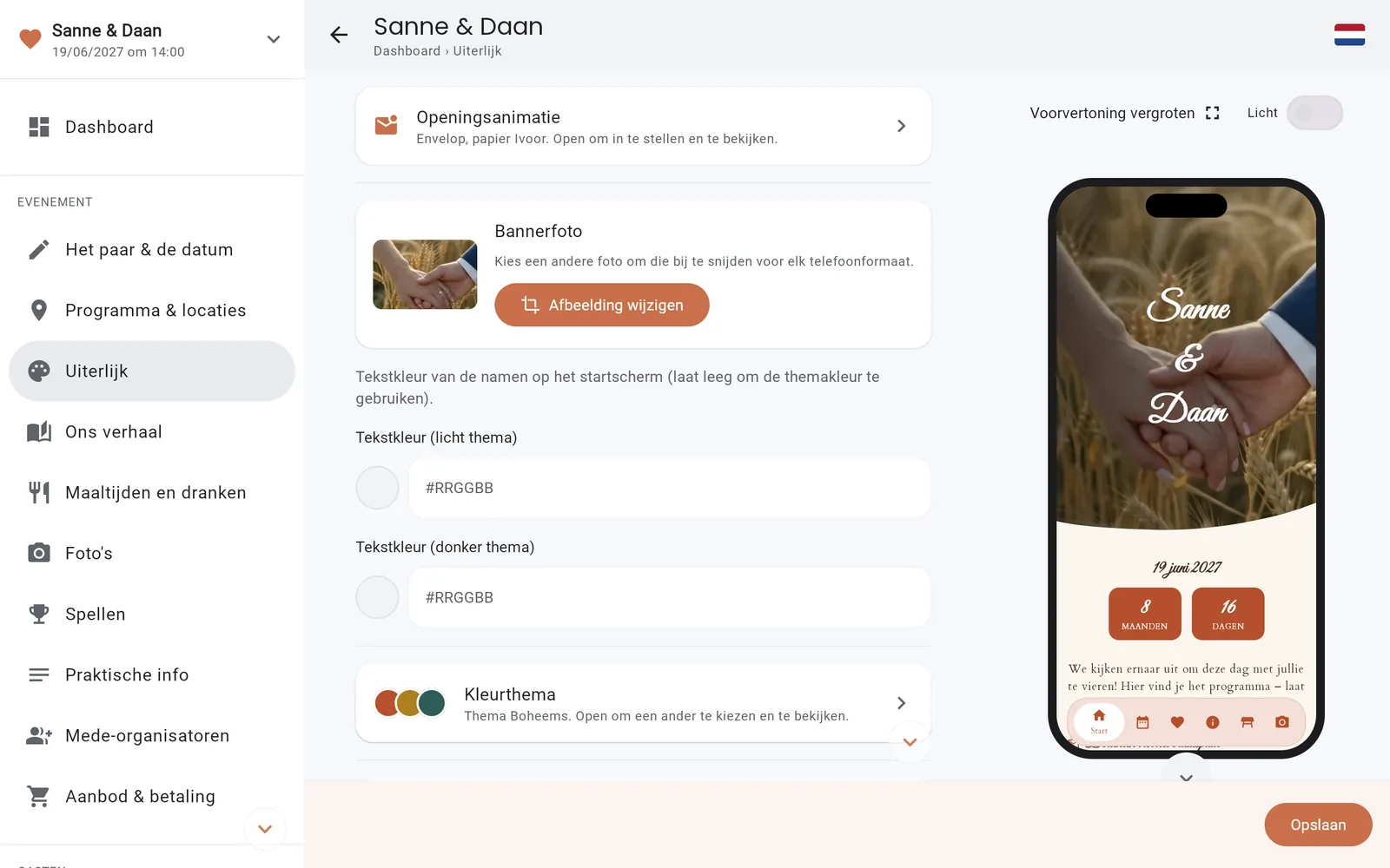 De themakeuze met de app-voorbeeldweergave in de console